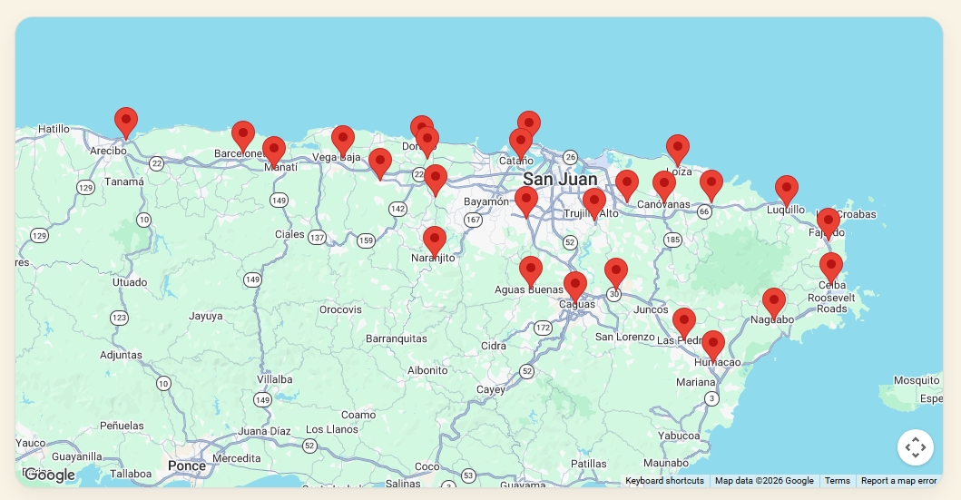 Mapa del área de servicio en Puerto Rico con los pueblos atendidos