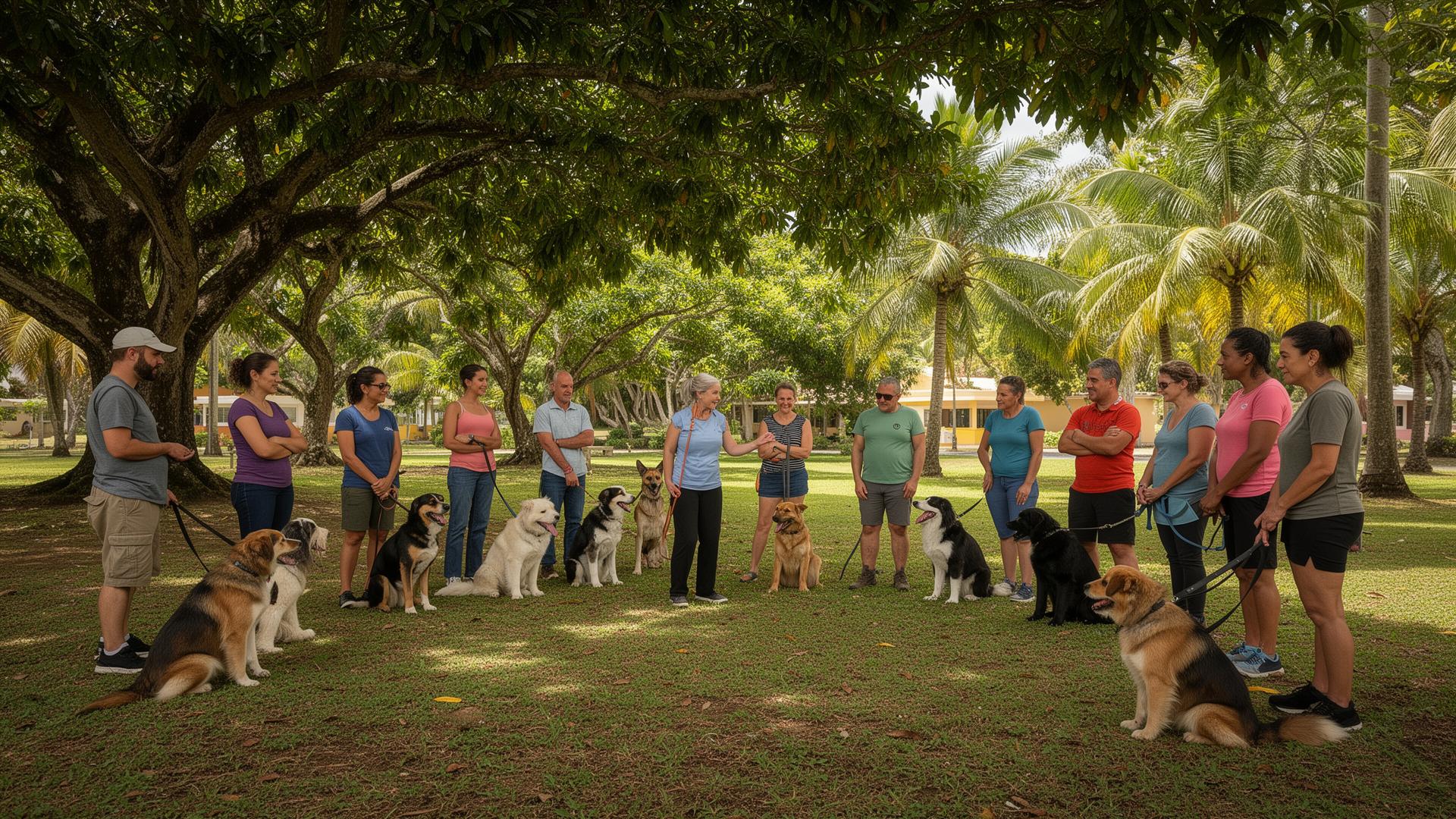 Un grupo diverso de perros entrenados sentados juntos