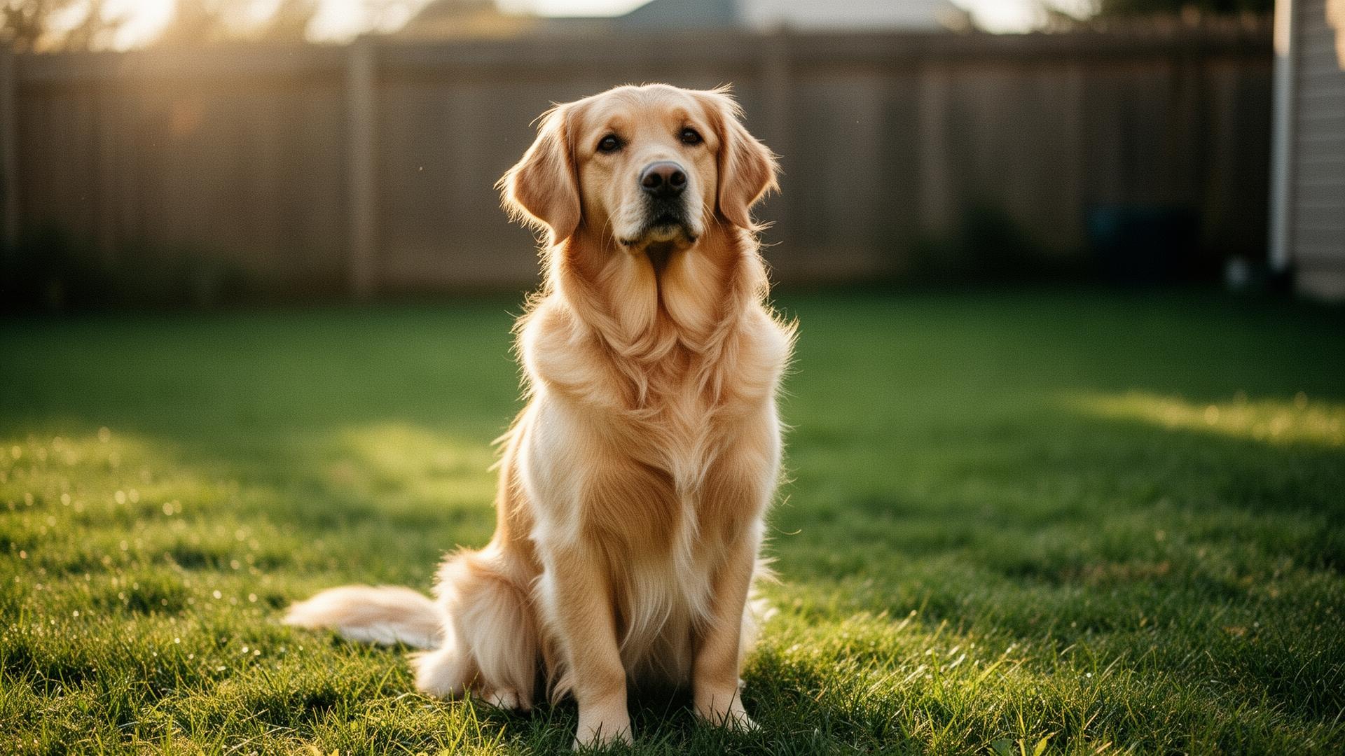 Un golden retriever tranquilo sentado y atento en un campo soleado